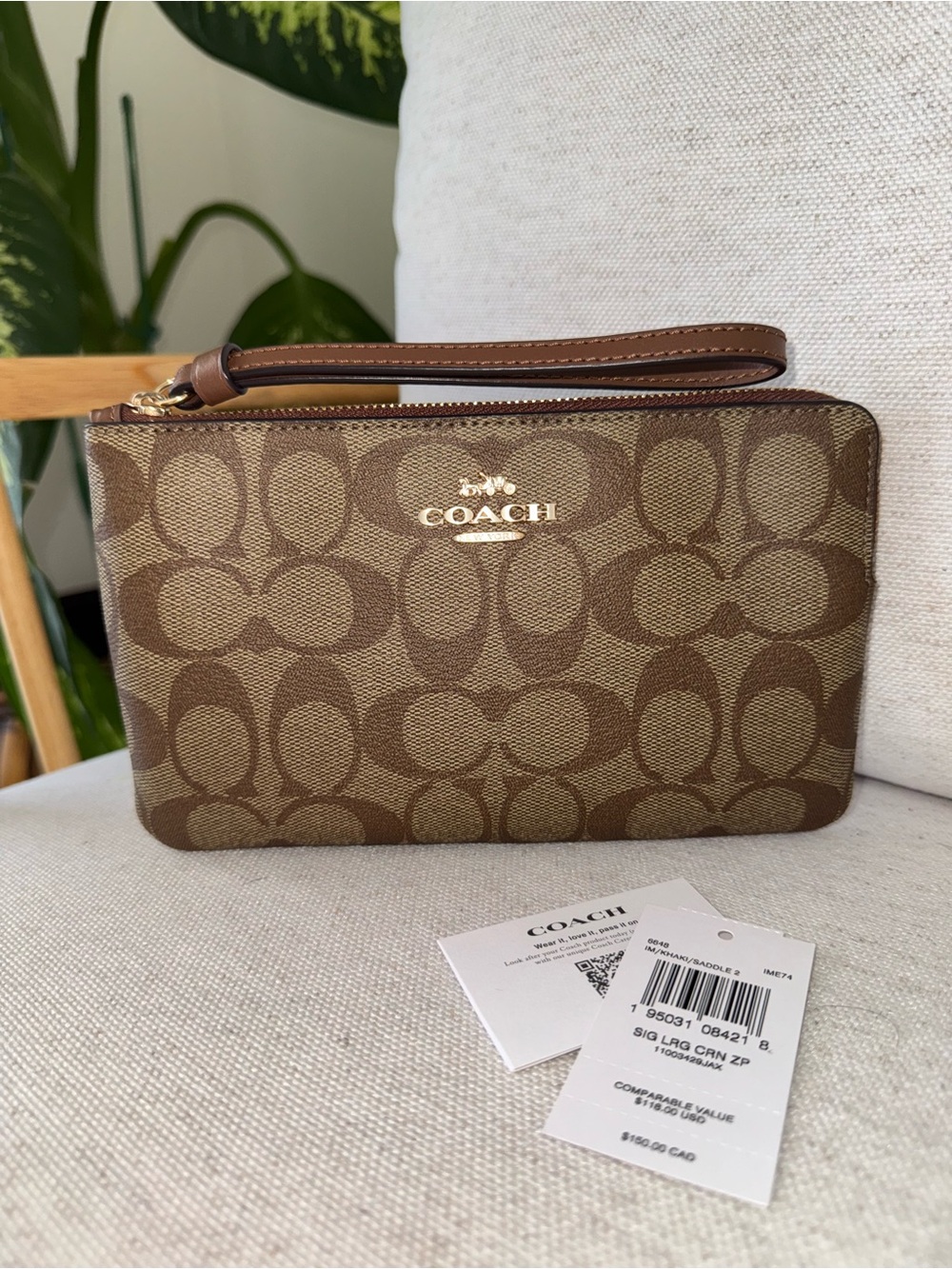 New Coach Corner Latge Zip Brown Signature Monogram Canvas Wristlet New With Tag